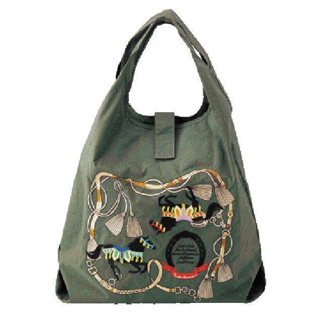 華やぐ刺繍鞄　ホース柄　カーキ