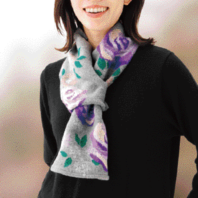 簡単通すだけでふんわりマフラーバラ柄　グレー