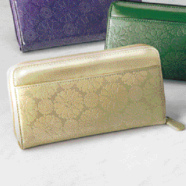 牛革型押しラウンド長財布　ゴールド